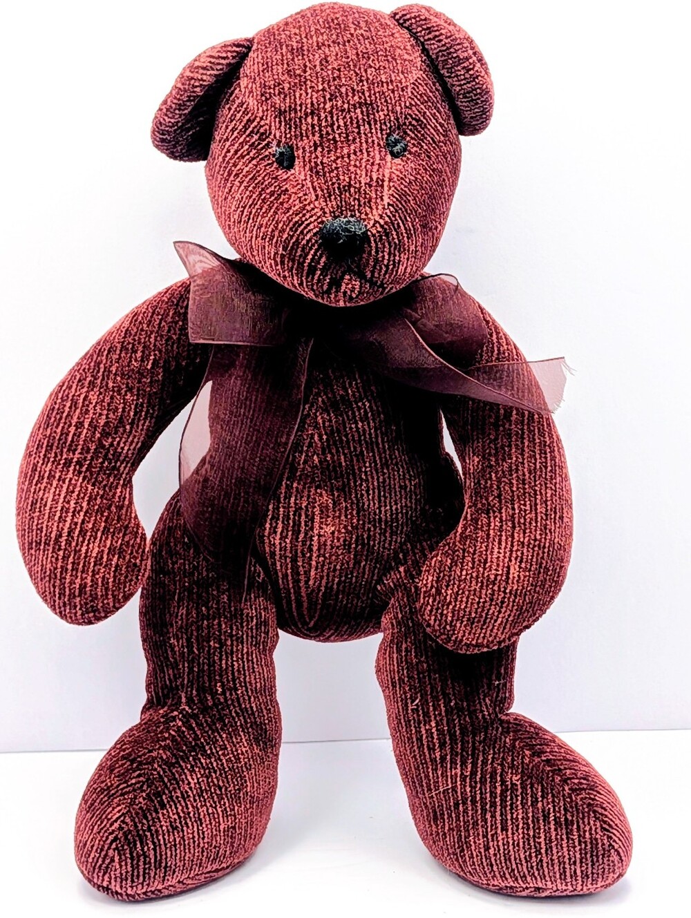 Burgundy Ribbed Teddy Bear Decorative Plush Sheer Bow 16"